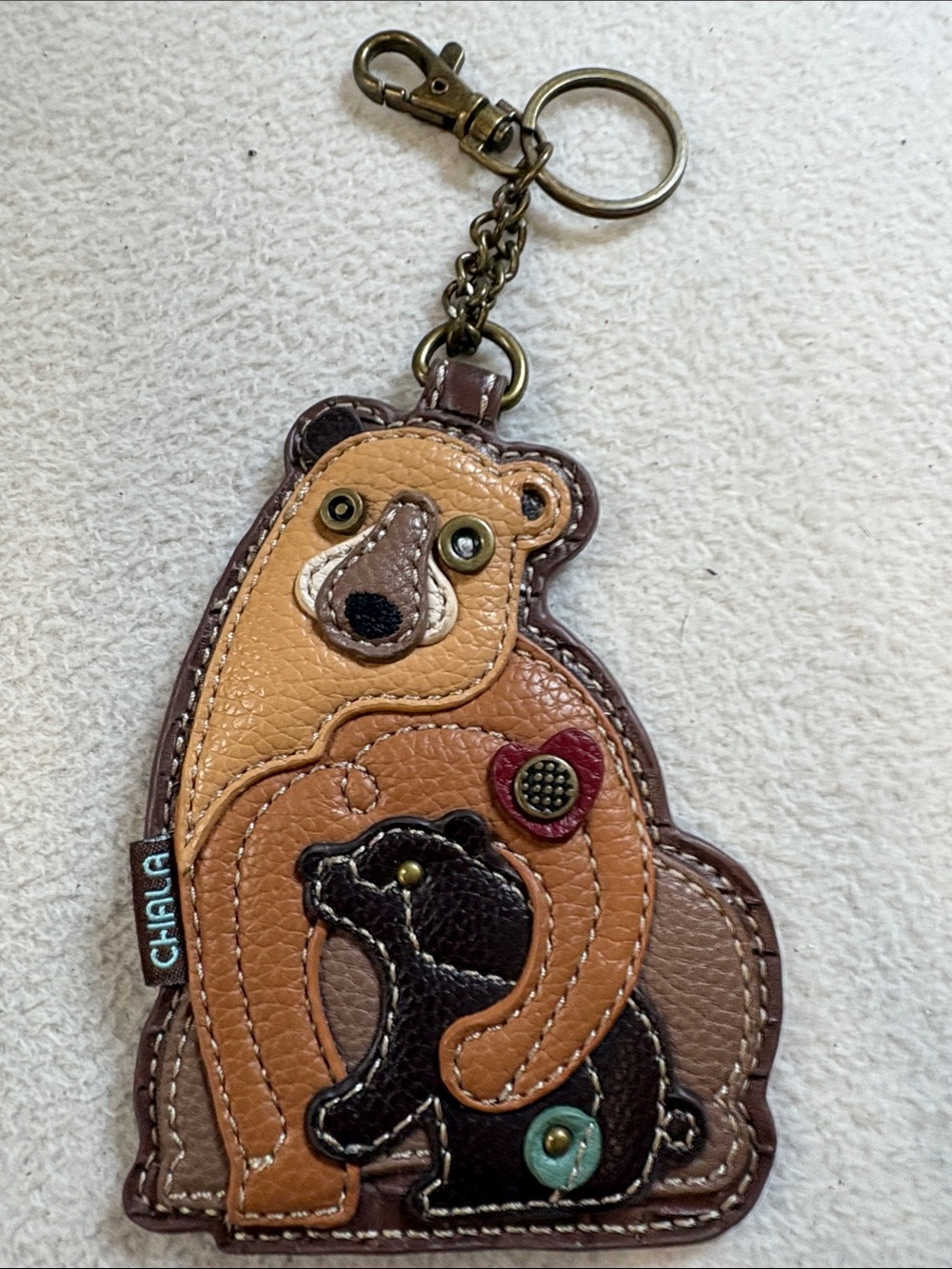 Chala Bear and Cub Leather Keychain - Brown, Tan, Black, Red, Teal